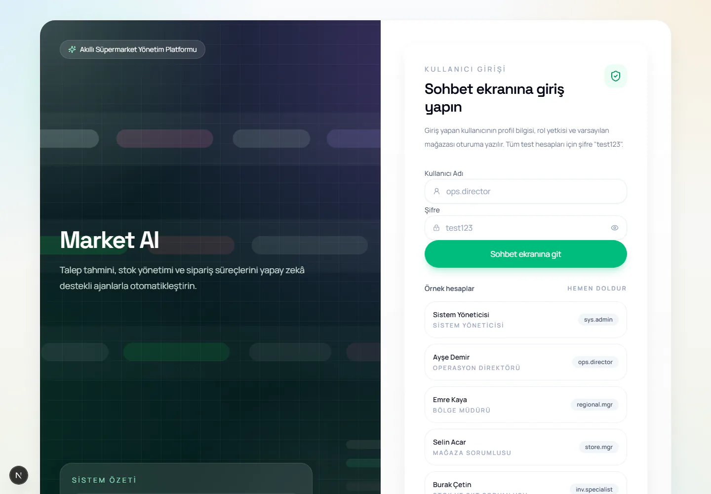 Fırat Yavaş — LLM Multi-Agent Retail Optimization proje ekran görüntüsü: SuperMarket-Web giriş ekranı